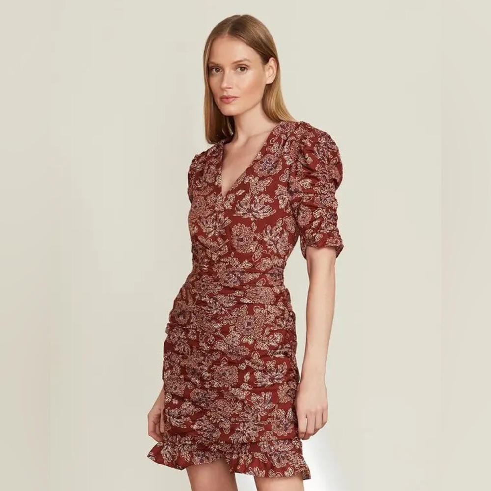 Veronica Beard Josephine printed Cotten blend poplin mini dress in brick ruched